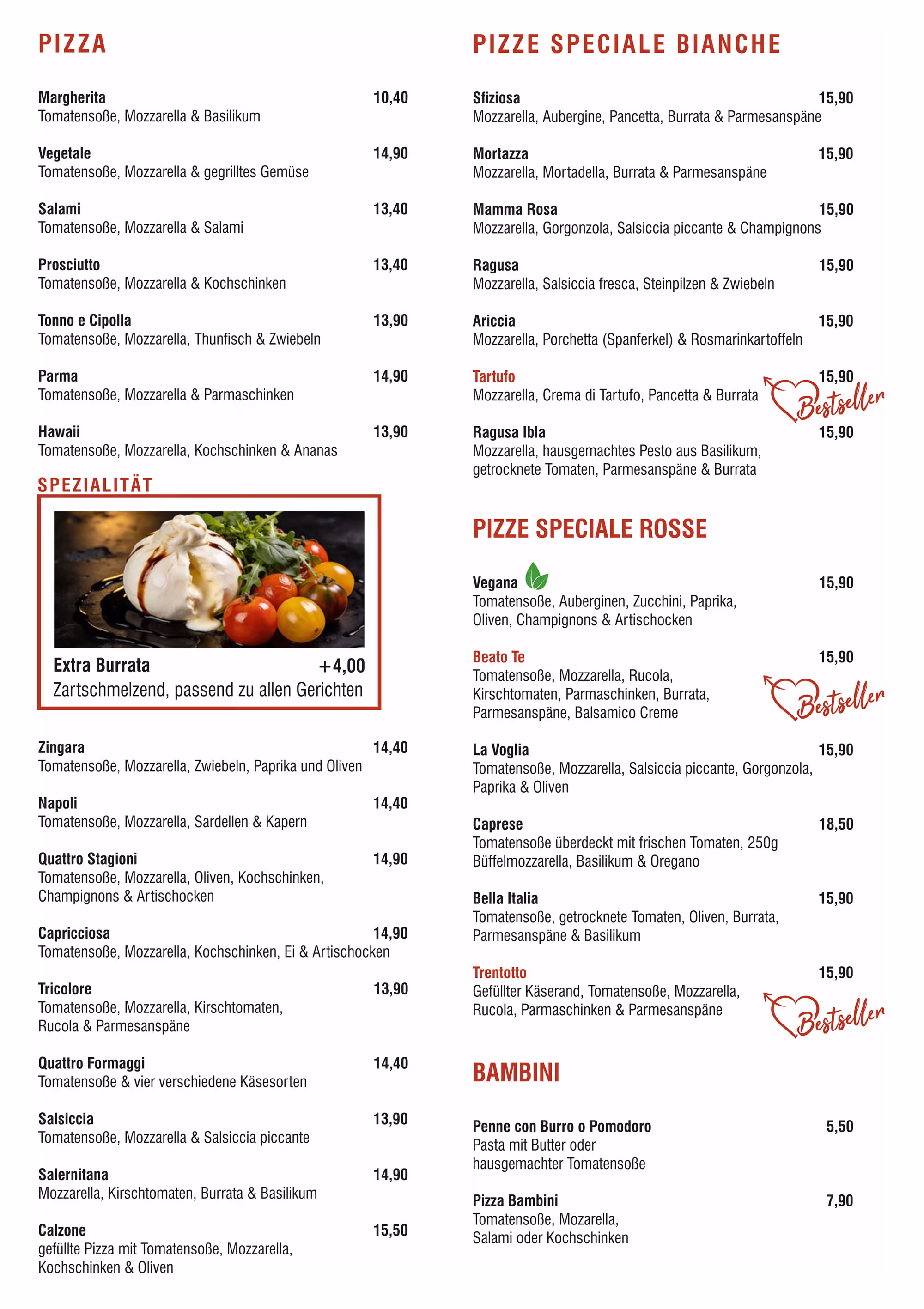 Speisekarte von La Mia Mamma mit Willkommensgruß, Erklärungen zu italienischer Küche und mediterranen Gerichten, sowie Wissenswertes zu Dohna, Pizza Margherita und aktiven Vulkanen in Italien.