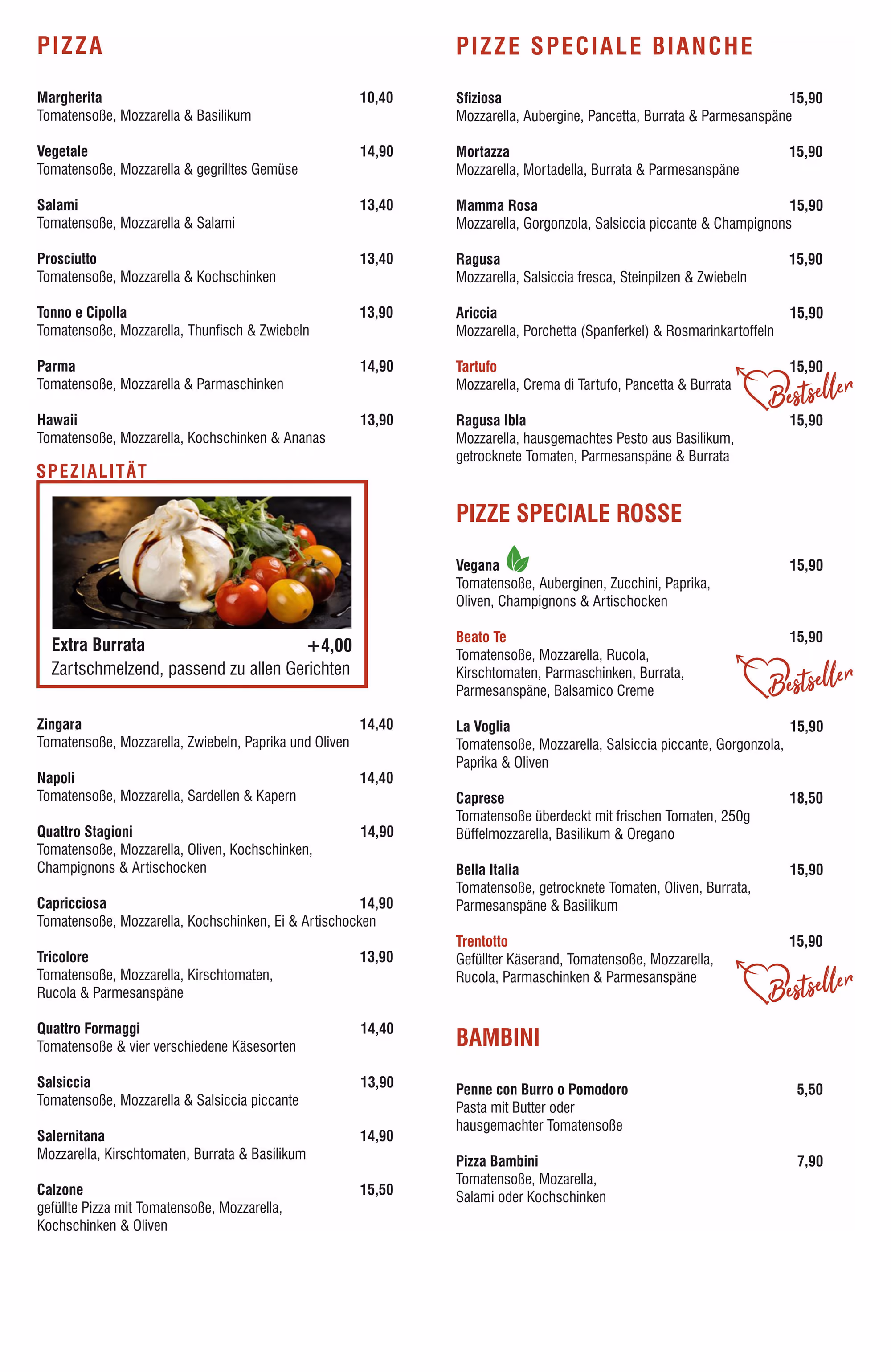 Speisekarte von La Mia Mamma mit Willkommensgruß, Erklärungen zu italienischer Küche und mediterranen Gerichten, sowie Wissenswertes zu Dohna, Pizza Margherita und aktiven Vulkanen in Italien.